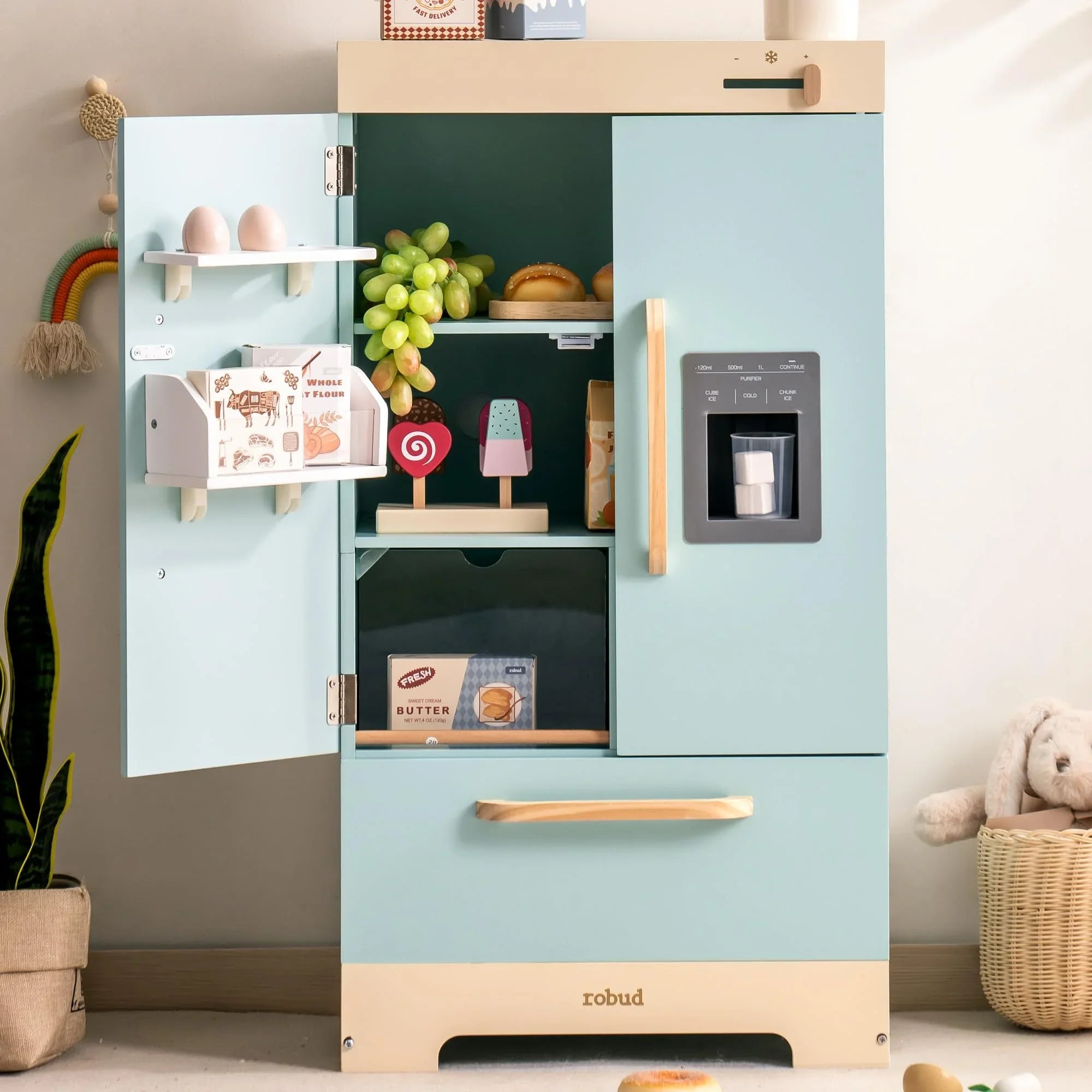 Robotime Robud - Ensemble de Cuisine & Électroménagers en Bois 3-en-1 (Four, Frigo, Lave-Linge) - Jouet d'Imitation Premium Bleu