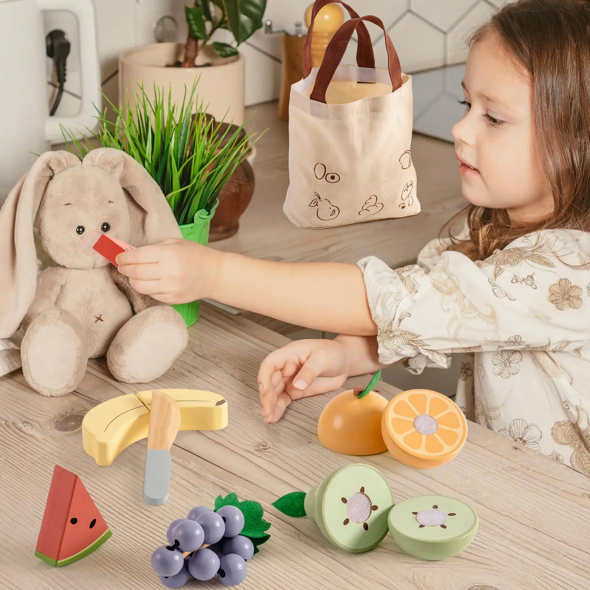 Robotime Robud - Cuisine en Bois Classique : Jeu d'Imitation Éducatif avec Fruits & Légumes à Couper