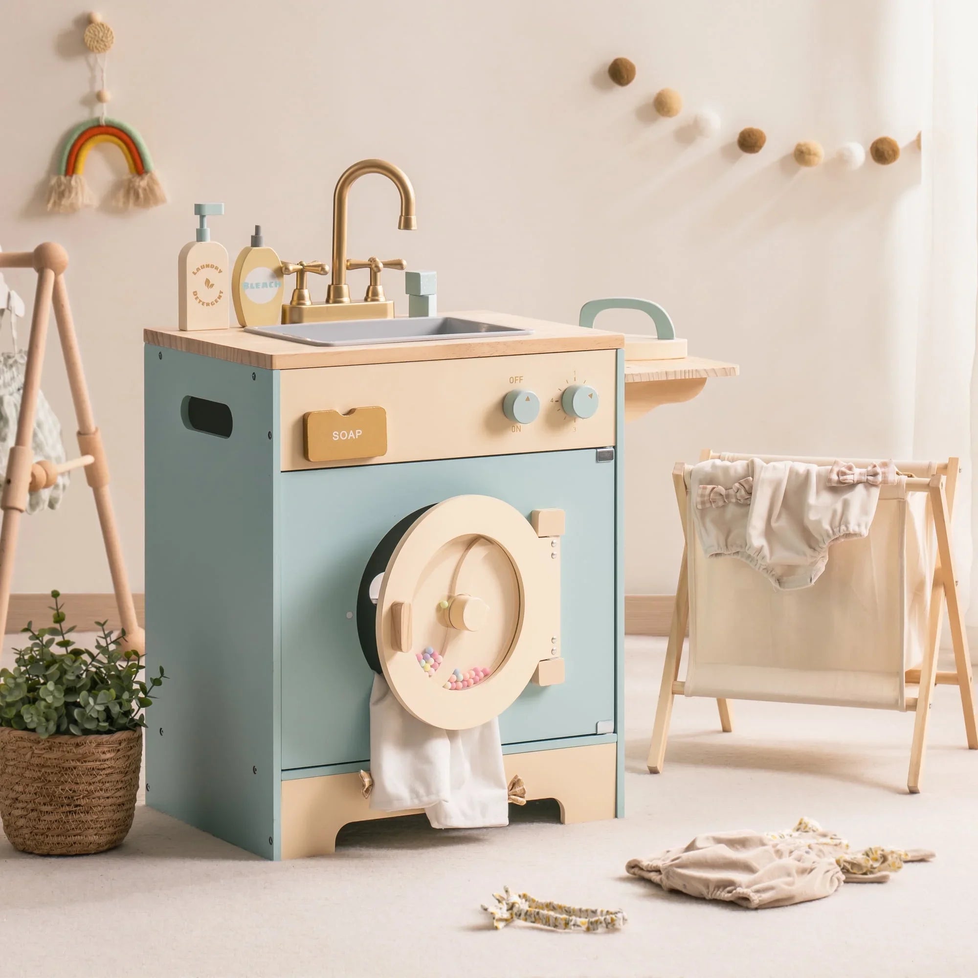 Robotime Robud - Ensemble de Cuisine & Électroménagers en Bois 3-en-1 (Four, Frigo, Lave-Linge) - Jouet d'Imitation Premium Bleu