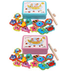Jeu de pêche magnétique en bois avec canne aimantée et poissons colorés