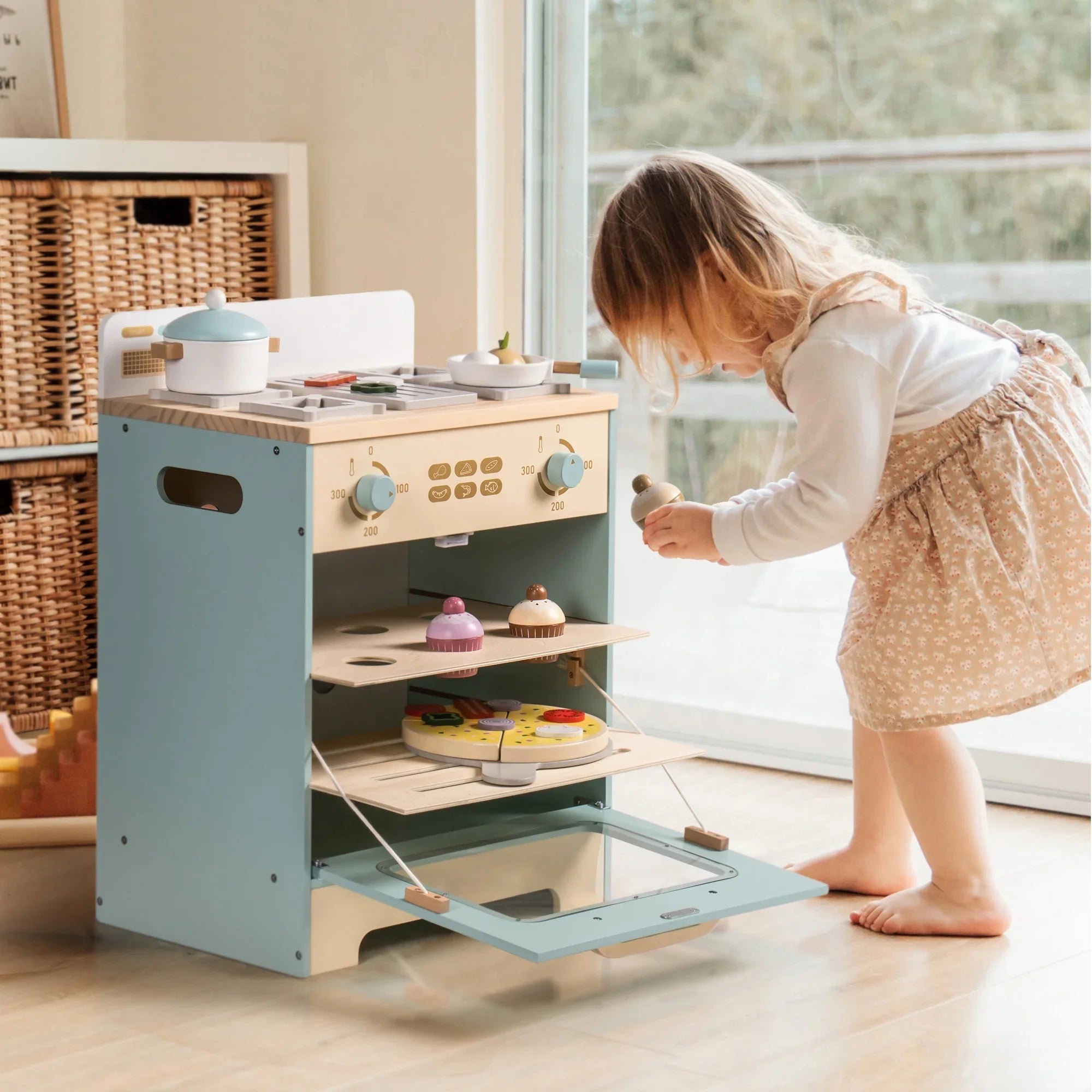 Robotime Robud - Ensemble de Cuisine & Électroménagers en Bois 3-en-1 (Four, Frigo, Lave-Linge) - Jouet d'Imitation Premium Bleu