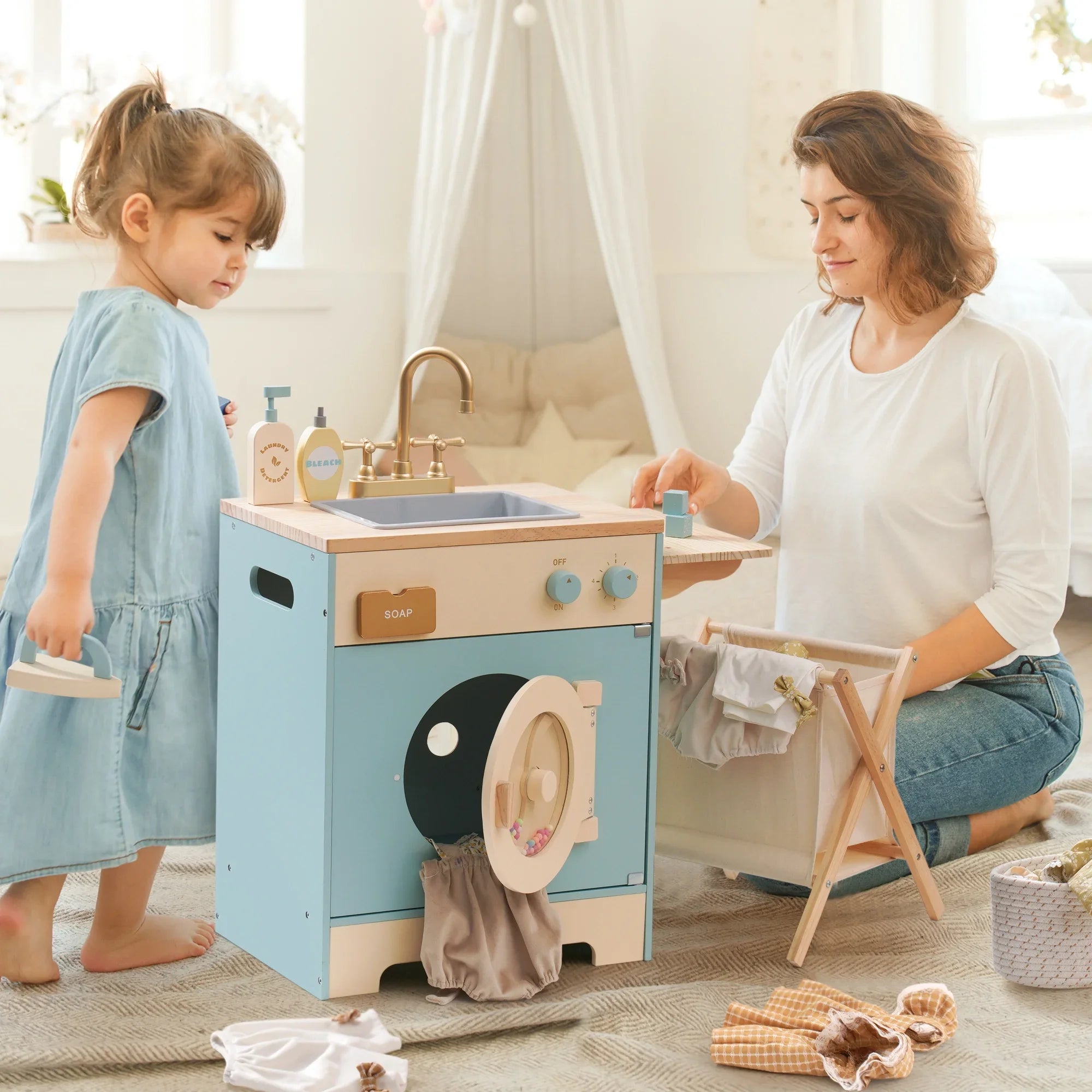Robotime Robud - Ensemble de Cuisine & Électroménagers en Bois 3-en-1 (Four, Frigo, Lave-Linge) - Jouet d'Imitation Premium Bleu