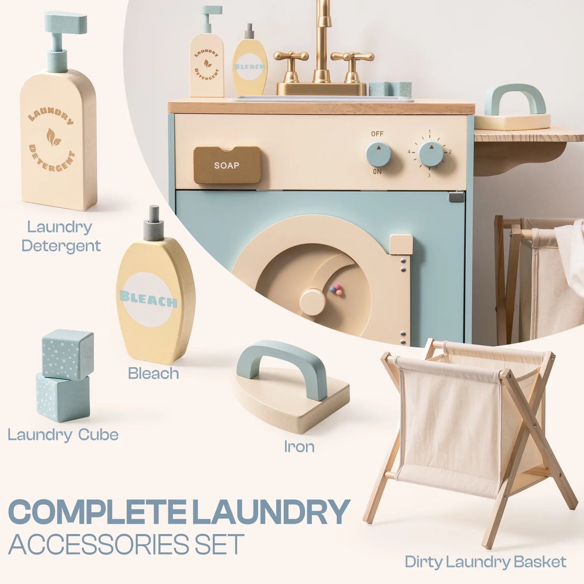 Robotime Robud - Ensemble de Cuisine & Électroménagers en Bois 3-en-1 (Four, Frigo, Lave-Linge) - Jouet d'Imitation Premium Bleu